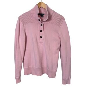 Ralph Lauren Womens Sweater Large Pink Cotton Mock Neck Snap Buttons‎ Old Money